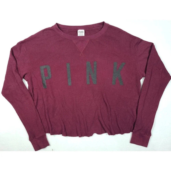 PINK Victoria's Secret Thermal Waffle Weave Top Women's Size Small Wine Cropped - Picture 1 of 3